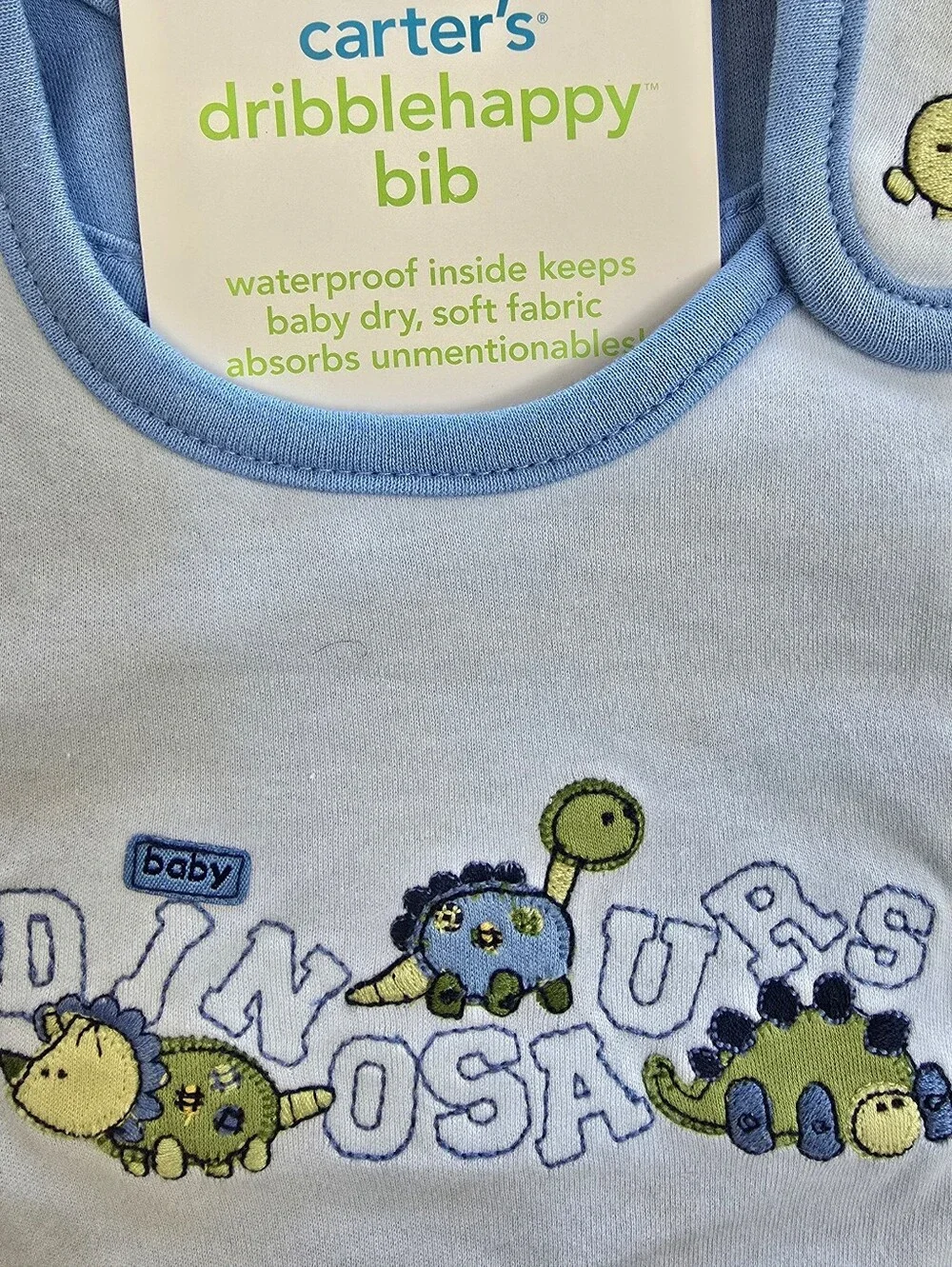 NWT  BOYS - Baby DINOSAURS BIB Carter's DRIBBLE-HAPPY BIB Blue & Green CUTE (Q8)